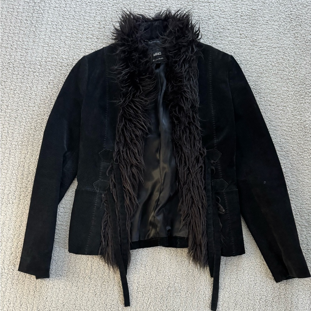 Mango Black Jacket with Faux Fur Trim